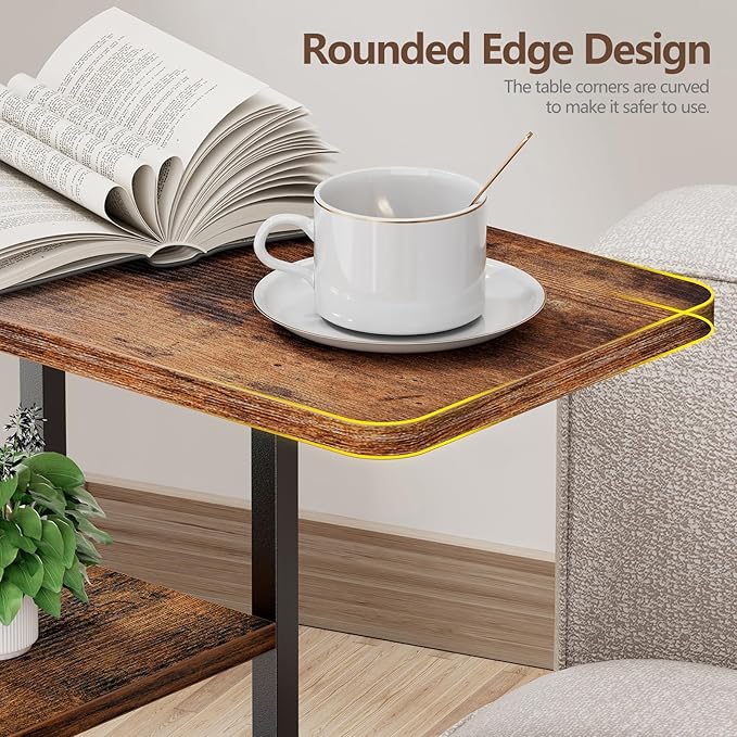 C Shaped End Table with Charging Station,3-Layer Sofa C Table Side Table, Slide Under Sofa Desk Snack Tables with Storage Bag w/AC U-S-B Port & Socket,Small Spaces Drink Tables for Living Room