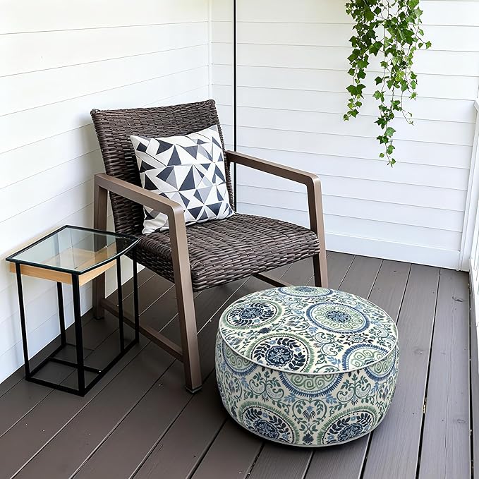 Outdoor Patio Inflatable Ottoman, 21x9 Inch Portable Stool Ottoman with Handle, Round Footrest Stool for Home Garden Camping, Celadon Wreath