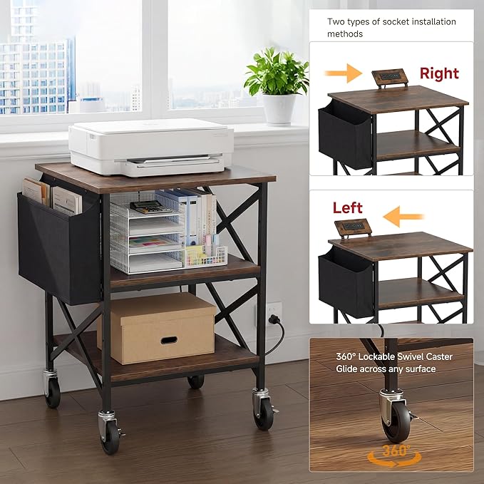 Large Printer Stand with Storage Bag, Rolling Printer Cart with Power Outlet, 3 Tier with Height Adjustable Storage Shelf, 23.6 x 23.6 Inches Printer Table for Home Office