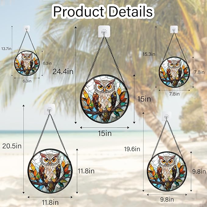 DASTOLL Stained Glass Window Hanging, Owl Colorful Leaves Birds Sun Catchers Diamond Glass Panel Hangings Suncatcher Decor for Birthday for Women, Men, Wife, Aunt, and Mom 6.3 in