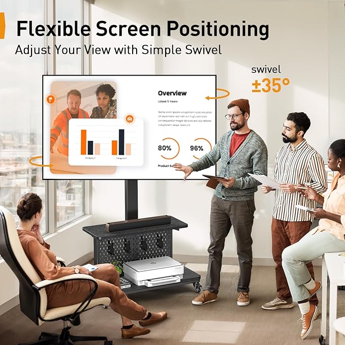 Perlegear Motorized Mobile TV Stand on Wheels, Electric Height Adjustable TV Cart for 32-80″ TVs up to 100 lbs, Rolling TV Stand with Remote Control, 4 Height Memory, ±35° Swivel with Pegboard Storage