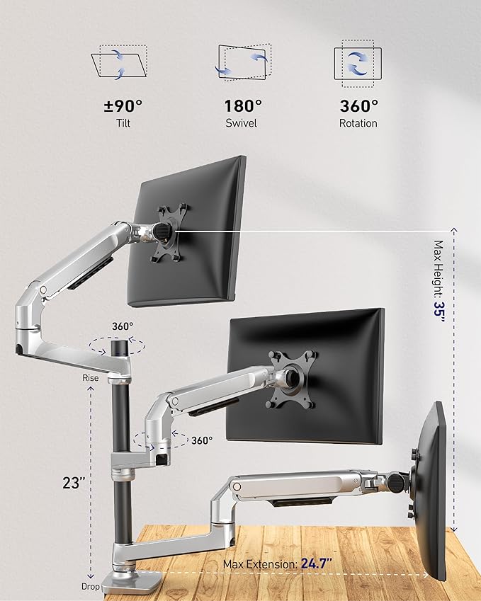 Ergounion Heavy Duty Triple Monitor Mount, Mechanical Spring 3 Monitor Arm for Ultrawide & Curved Screens, Fits Three 13-40 Inch Displays up to 25 lbs Per Arm, Premium Aluminum VESA Stand, Silver