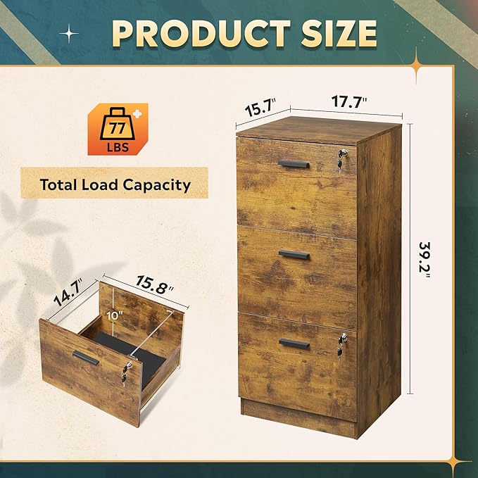DEVAISE 3 Drawer File Cabinet with Lock, Vertical Wood Filing Cabinet for Office Storage, Printer Stand for Filing Cabinets for Home Office, Rustic Brown