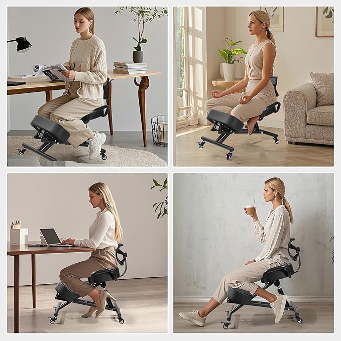 Ergonomic Kneeling Chair with Backrest & Lumbar Support, Adjustable Desk Chair with Wheels & Thick Cushion, Improve Sitting Postures & Relieve Lower Back Pressure, Perfect for Study & Work from Home