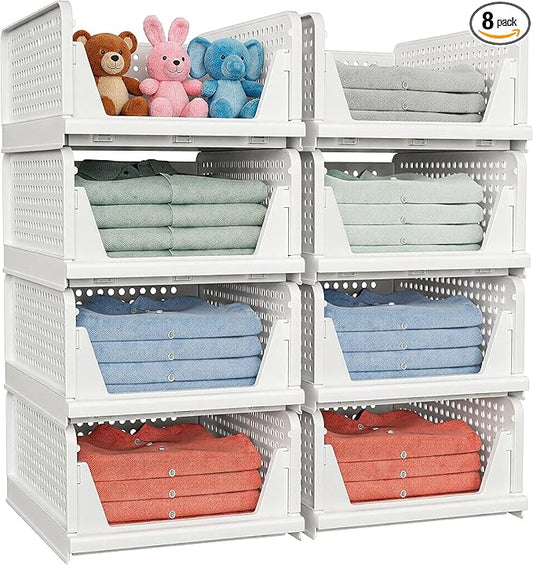 8 Pack Stackable Closet Storage Basket - Stackable Storage Bins, Multifunctional & Foldable Closet Organizer Waterproof, Wardrobe Cupboard Space-Saving Hat Storage Drawer Organizer, White