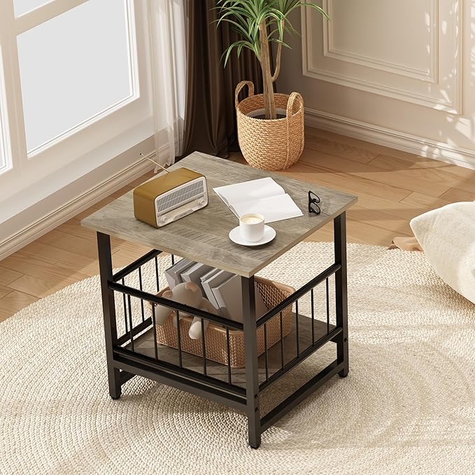 DHMAKER End Table, Industrial Side Table with 2-Tire Storage Shelf, 180LBS Mini Fridge Stand with Adjustable Feet, 18"x18" Wood Night Stand Small Bedside Table for Living Room Bedroom, Grey