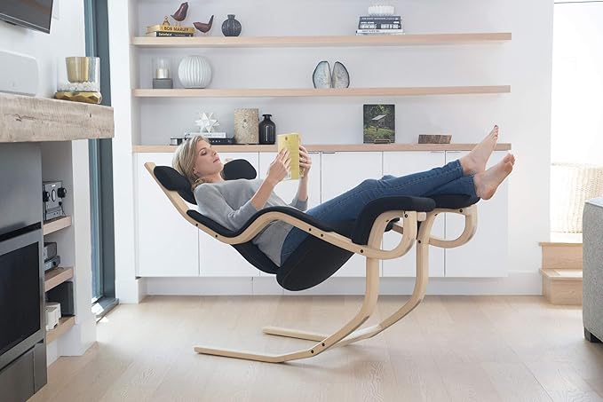 Varier Gravity Balans Recliner and Kneeling Chair Designed by Peter Opsvik, Relax Into Weightlessness, 10-Year Limited Warranty, Black Revive Fabric with Natural Ash Base