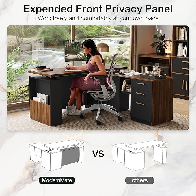 ModernMate 63" Standing Desk with File Cabinet, Privacy Panel, AC/USB, 1.18" Desktop, Executive L Shaped Height Adjustable Electric Stand Up Desk, Home Office Table with 3 Drawers, Black Walnut