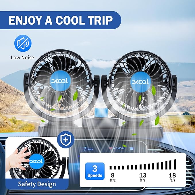 XOOL USB Car Cooling Fans, 2 Speeds Dual Head Car Fan, 360° Rotatable, 5V/2A Powerful Car Fans that Blow Cold Air, Portable Car Fans for Vehicles, SUV, RV, Boat (USB Plug)
