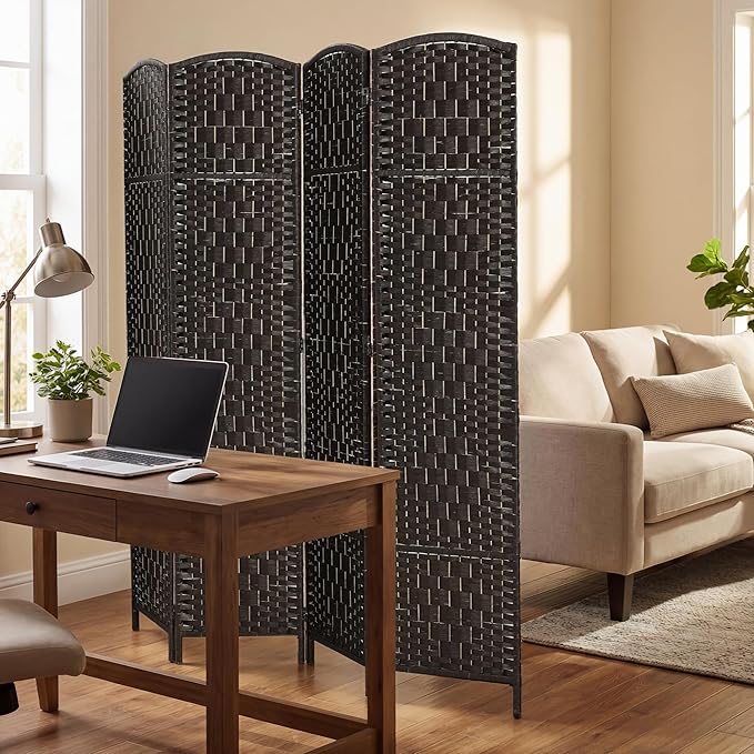 HOMCOM Room Divider 4 Panel, 6FT Tall Folding Privacy Screen, Freestanding Hand-Woven Partition for Room Separation with 360° Hinges, Paper Rope Diamond Weave, Coffee