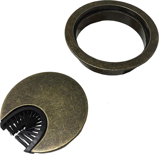 Antique Brass Metal Cable Grommet | 2 Piece "Lock in" Feature with "Brush" Opening for Management of Office & Computer Desk Wires | 60mm (2 3/8") Hole Opening | 5 Pack