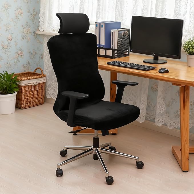 Ergonomic Office Chair Covers Set with Headrest Cover Velvet Stretch Black Cover for Office Chairs with Headrest Washable