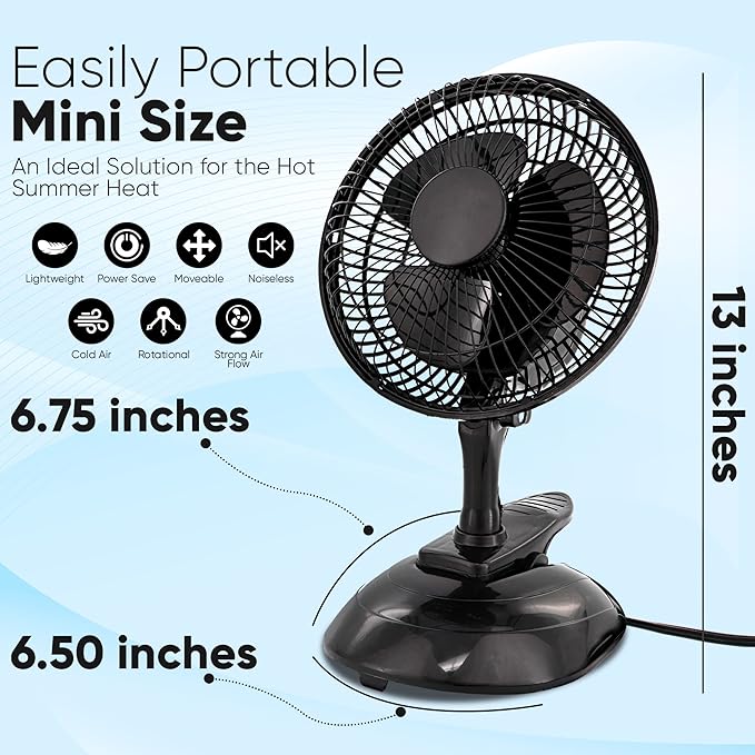 RamPro Portable Desk and Clip on Fan, 6 Inch Fans Small and Quiet Plug In, Small Personal Cooling Fan for Desk Home Bedroom Office, 2 Speed, Adjustable Tilt, Black