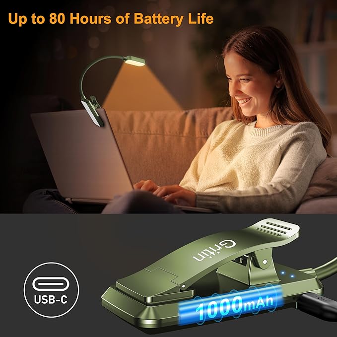 Gritin 16 LED Rechargeable Book Light for Reading in Bed- Eye Caring 3 Color Temperatures, Stepless Dimming Brightness, 80 Hrs Runtime, Lightweight Flexible Clip on Light for Book Lovers-Dark Green
