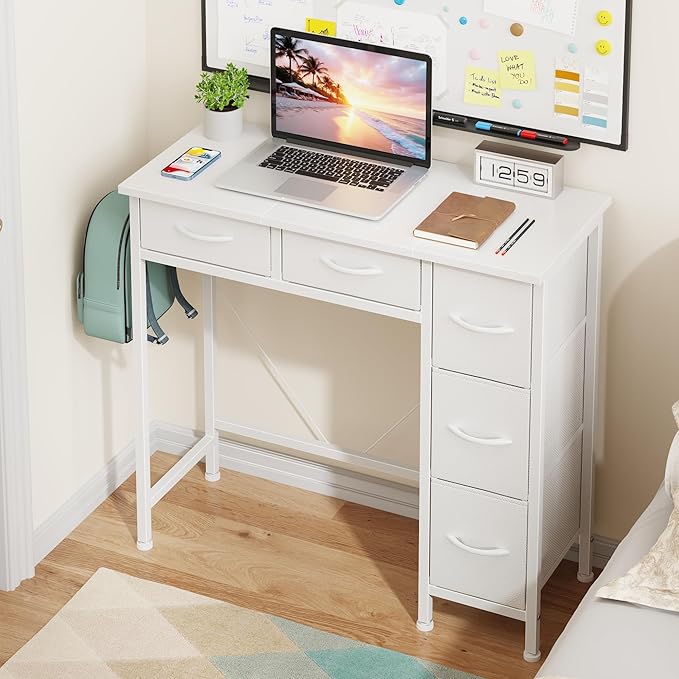 HIGDBFE Small Desk with 5 Fabric Drawers, 33 Inch Writing Desk for Home Office, Simple PC Desks for Small Place, Kids Girls Teen Study Table Vanity for Bedroom, Dorm, White, 14" D