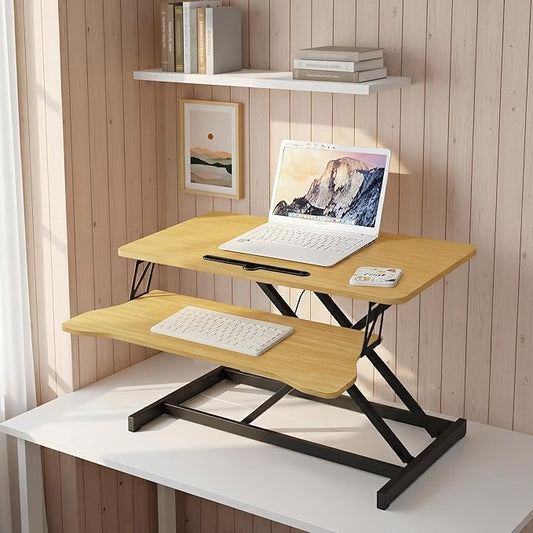 32 Inch Height Adjustable Stand Up Desk Riser, Heavy Duty Computer Workstation with Removable Keyboard Tray - Ergonomic Design for Home Office Workshop Gaming, Spacious Platform(Natural)