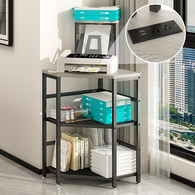 METYERRY Gray Corner Printer Stand Table, with Power Outlet and USB Charging & LED Lights, for Home Printer Stands, Storage Shelf, Computer Tower/CPU Stand Holder for Home Office, Greige