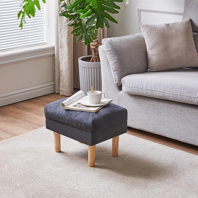 YMYNY 15.75" Small Foot Stool Ottoman, Footrest with Sponge Soft Padded Seat, Cotton-Linen Blend Fabric Footstool for Sofa, Bedroom, Living Room, Entryway, Solid Wood Legs, Dark Grey UHBD023BG