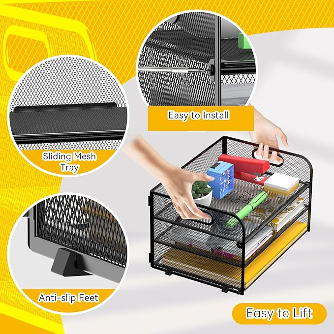 MINDEPOT 3-Tier Paper Letter Organizer Tray with Handle, Mesh Desk File Organizer for Office, Home, School - 2 Pack, Black