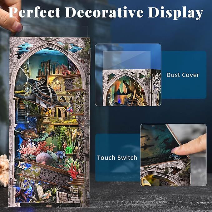 fifijoy Book Nook Kit - DIY Miniature Dollhouse for Adults and Teens, Creative Bookshelf Decor 3D Wooden Puzzle Bookend with LED Light, Unique Gift for Family and Friends (Lost City of Atlantis)