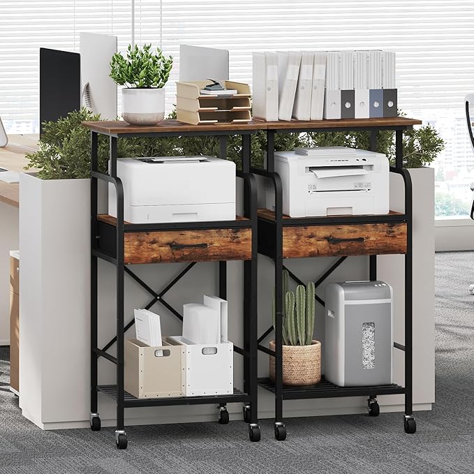 MAHANCRIS Tall Printer Stand, 3 Tier Printer Cart with Storage, Industrial Printer Table on Wheels, Adjustable Shelf & Fabric Drawer, for Home Office Study Rustic Brown PTHR5401