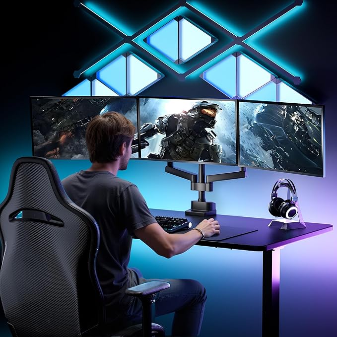 monTEK Triple Monitor Mount for Max 27 inch Computer Screens, Full Motion 3 Monitor Desk Mount Each Arms Holds up to 19.8lbs, Clamp & Grommet Mounting