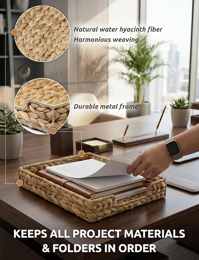 Demigo Water Hyacinth Letter Tray - Desk Organizer & Paper Basket for Mail, A4 File - Sturdy Woven Storage, File Holder with Metal Frame, Rustic Boho Office Decor & Magazine Sorter