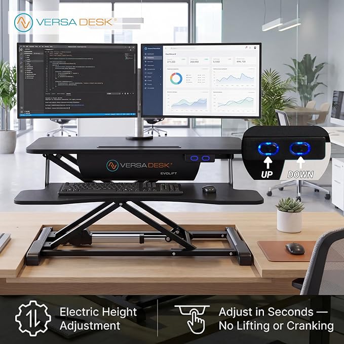 VERSADESK EvoLift 32" Electric Standing Desk Converter, Sit to Stand Riser, 1-Button Easy Lift, Dual Monitor Workstation, Wide Keyboard Tray, Built-in Device Stand, Black