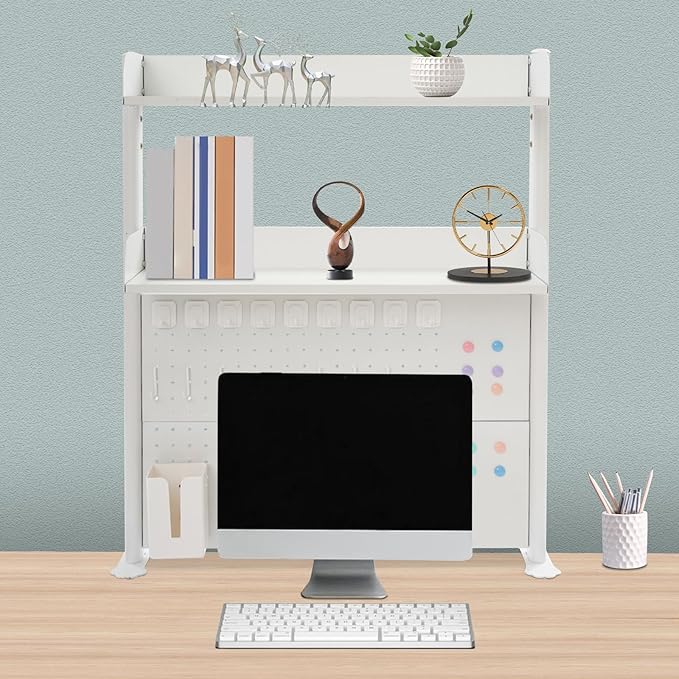 32"W Clamp on Desk Shelf with Pegboard, Adjustable Desk Organizer Shelf Desktop Storage Shelves for Home Office Dorm Gaming Desk, Space Saving Tabletop Display Rack Organization (32*5*37.4in)