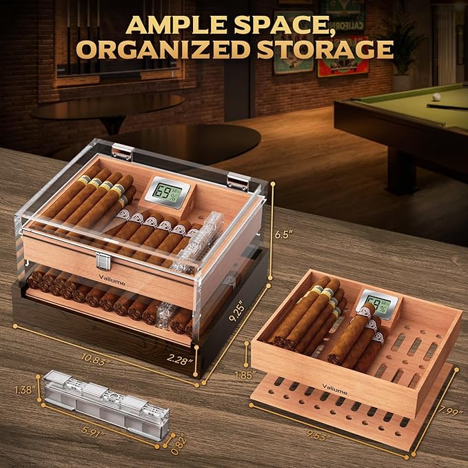 VALLUME Acrylic Humidor Box,High-Definition Transparent Cigar Case,Lock Latches and 90-Degree Opening Hinges Cigar Box,Cigar Accessory Drawer,Digital Hygrometer and Humidifier,Holds About 50-60 cigars