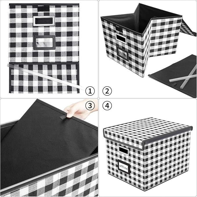 Decorative Collapsible File Storage Organizer Boxes with Lids, Hanging Filing & Storage Boxes for Office/Decor/Home, Filing System for File and Folders Storag - (Black & White Lattice)