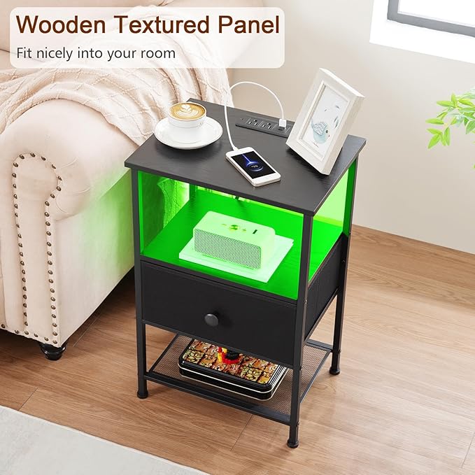 LOAKEKEL Night Stand Set 2, LED Nightstand with Charging Station, End Tables Living Room with Fabric Drawer, Small Bed Side Tables for Bedroom, Small Space, Black, HETS01BK