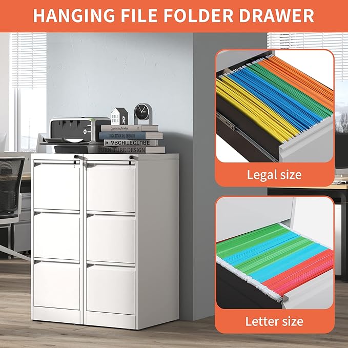 IKIMI 3 Drawer File Cabinet with Lock,Metal Filing Cabinets for Home Office,Steel Vertical File Cabinet,Heavy Duty Metal Storage Cabinet for A4/Letter/Legal Size Files,Assembly Required