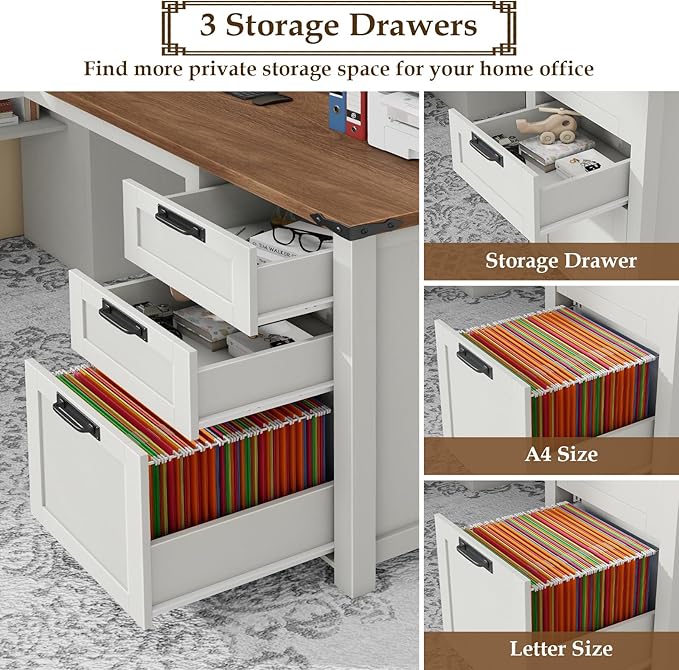 Vabches Farmhouse L Shaped Executive Desk, Corner Computer Desk with Drawers and Storage Shelf L-Shaped Standing Executive Desks with Power Outlets for Home Office, Study, Bedroom (White and Brown)