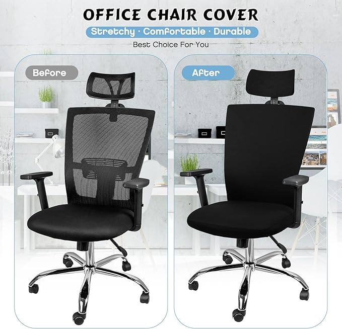 Lounsweer 3 Pieces Office Chair Cover Rolling Desk Chair Cover Gaming Covers Stretch Washable Protector Pets Slipcovers for Swivel Armchair Boss(Simple,Black)