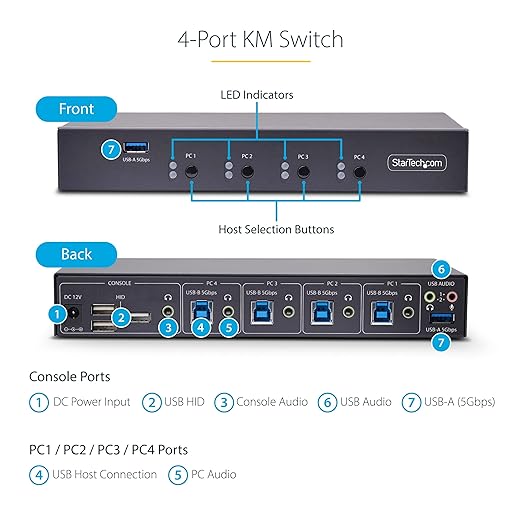 StarTech.com 4-Port KM Switch with Mouse Switching, USB 3.0 Switcher, Keyboard/Mouse Sharing, 3.5mm/USB Audio, TAA Compliant