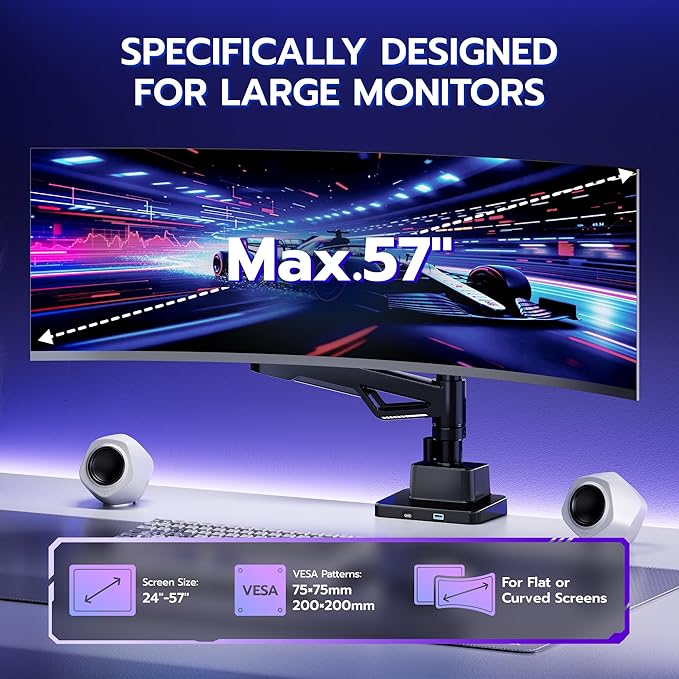 ARES WING Heavy Duty Monitor Arm, Ultrawide Monitor Stand up to 57“ and 66 Lbs, Gas Sprinq Monitor Mount with USB, Height Adjustable Arms Monitor Stand, Various VESA Mount with Clamp/Grommet Base