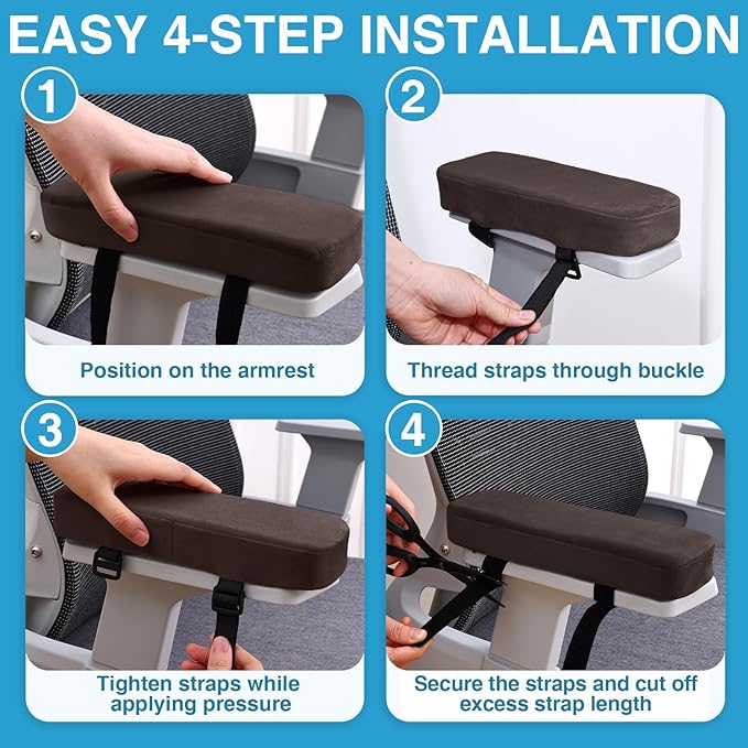 Smiry Ergonomic Office Chair Armrest Pads, Memory Foam Arm Rest Covers, Non-Slip Armrest Cushion with Adjustable Buckles and Straps, Elbow Relief for Desk, Gaming & Wheelchair (Chocolate, Set of 2)