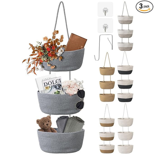 3 Tier Wall Mounted Woven Hanging Basket, Over the Door Hanging Basket with Hooks, Decorative Storage Hanging Closet Removable, Large Wall Basket for Living Room, Bedroom, Kitchen (Gray)