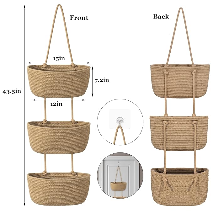 3 Tier Wall Mounted Woven Hanging Basket, Over the Door Hanging Basket with Hooks, Decorative Storage Hanging Closet Removable, Large Wall Basket for Living Room, Bedroom, Kitchen (Gray)