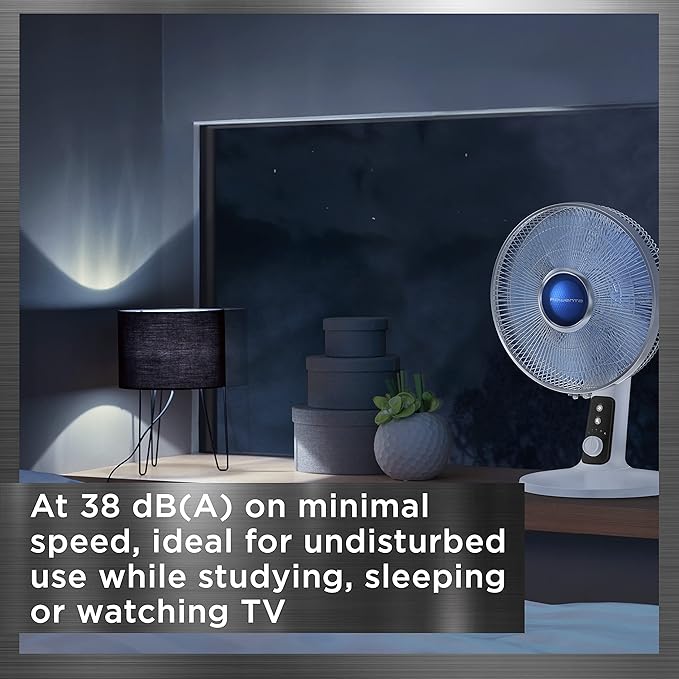 Rowenta, Desk Fan, Turbo Silence Table Fan, 12 Inches, Ultra Quiet Fan for Bedroom, Oscillating, Portable, 4 Speeds, Manual Turn Dial, White, Indoor, VU2730