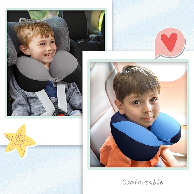 COOLBEBE Kids Travel Neck Pillow, 2PCS Softly Headrest Travel Pillow for Car & Airplane, Traveling Gifts for Toddler & Children (Black & Blue)