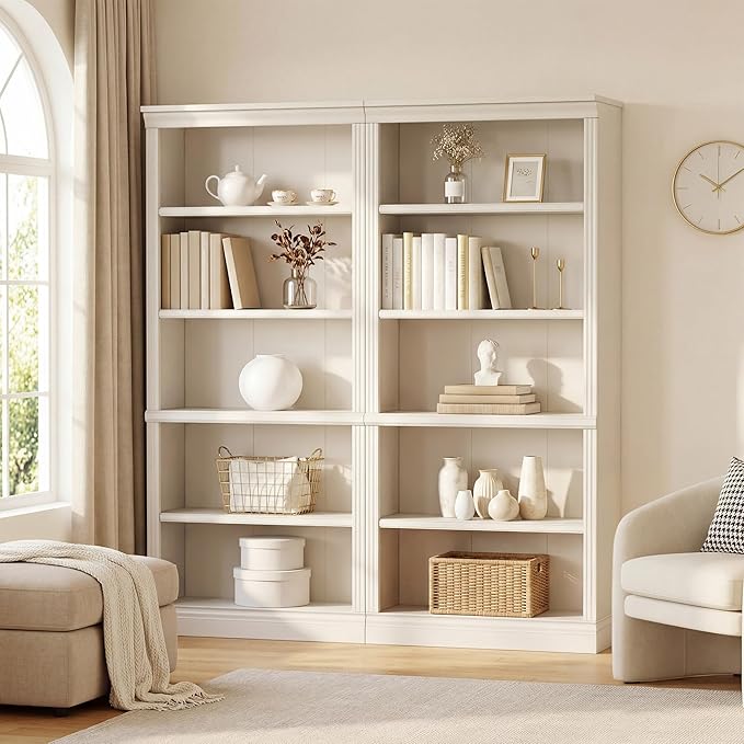 Furniwell Bookcase Bookshelves, 5-Shelf Tall Bookcase 71" Wood Open Display Floor Bookshelf, Large Storage Organizer for Library, Bedroom, Living Room, Set of 2 (White)