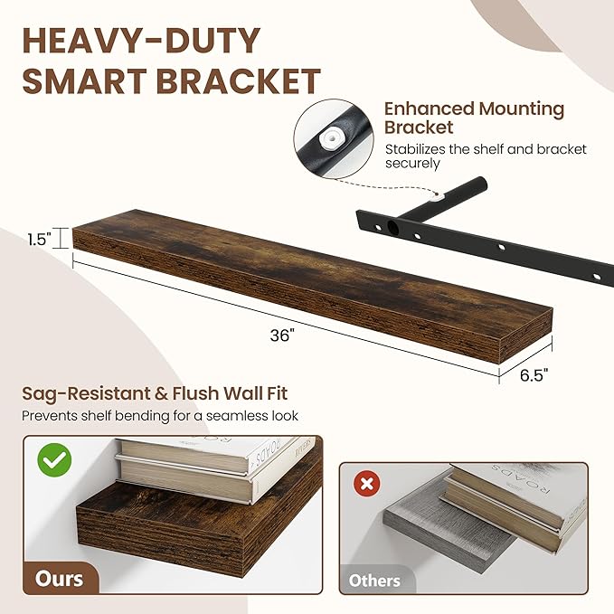 Acovy 36 Inch Floating Shelves for Wall 2 Pack, 36" Wall Shelves for Books, Storage, Decor, Wall Mounted Floating Shelf with Invisible Brackets for Kitchen, Living Room, Brown