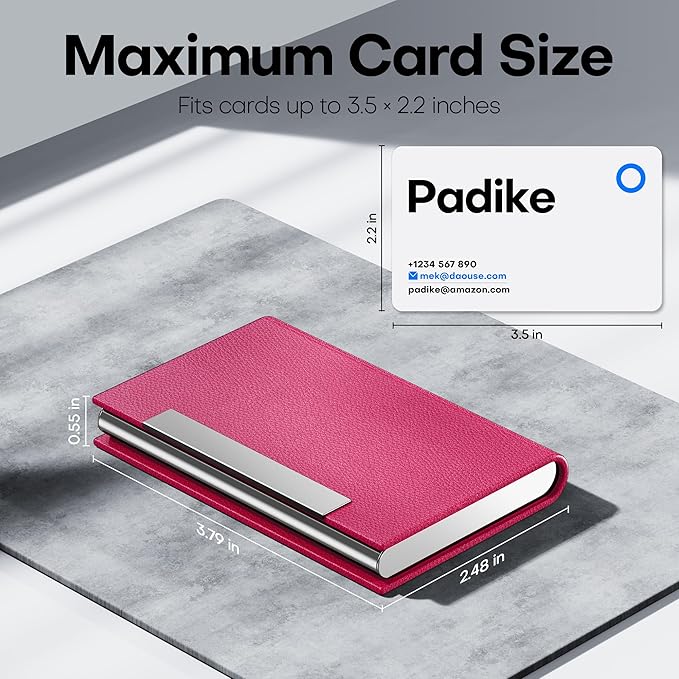 Padike Business Card Holder, Business Card Case Professional PU Leather & Stainless Steel Multi Card Case,Business Card Holder Wallet Credit Card ID Case/Holder for Men & Women. (Rose red)