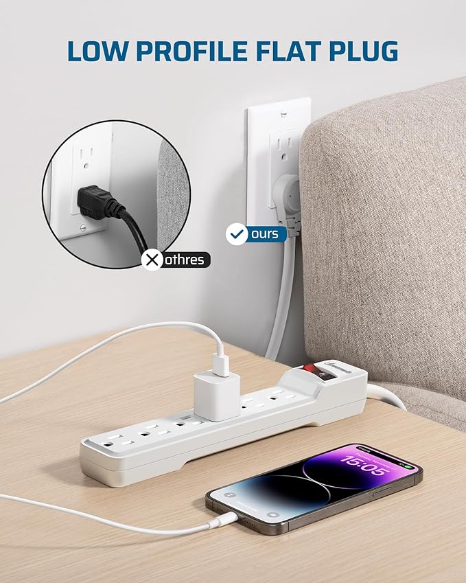 DEWENWILS 2-Pack 6-Outlet Power Strip Surge Protector with 6Ft Long Extension Cord, Low Profile Flat Plug, 15 Amp Circuit Breaker, 500 Joules, Wall Mount, White