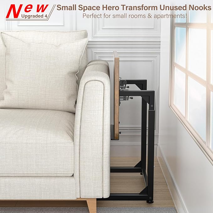 Tv Tray Table, 8-Level Adjustable Height Couch Side Table，90° Tilt Angle Adjustments C-Shaped End Table, with Phone & Tablet Slot Sofa Computer Desk for Couch, Sofa, Bed, Chair, Living Room (Brown)