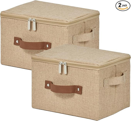 2 Pack Storage Bins with Zipper Lid Cotton Linen Fabric Lidded Storage Baskets Boxes Foldable Washable Closet Shelf Clothes Organizer Container with PU Leather Handles (Linen, Small)