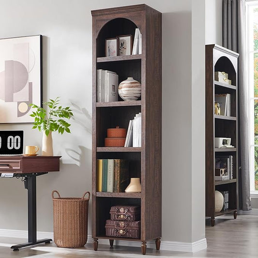 IFGET 76" Tall Arched Bookcase, Farmhouse 5 Tiers Narrow Arched Bookshelf Cabinet with Adjustable Shelves, Modern Wooden Book Shelf w/Storage and Open Display Shelves for Living Room, Office-Brown