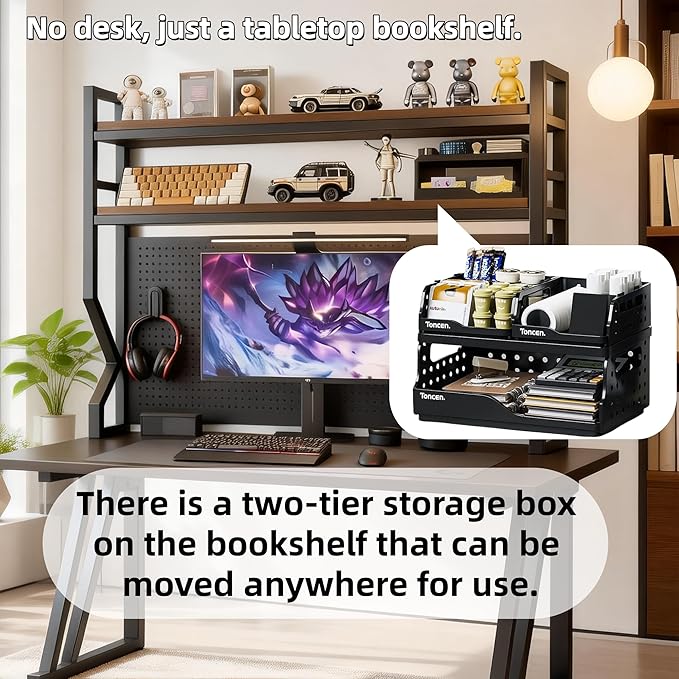 Desktop Hutch Bookshelf,Many Gifts,Metal Desktop Bookcase with pegboard, Desk Shelf, Countertop Storage Organizer Rack for Dorm or Office,Desktop Shelves (Natural+Black, 29.5" Lx9.9 Wx39 H)